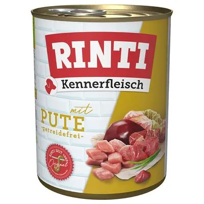 Blik Rinti Kennerfleisch mit Pute, getreidefrei. Afbeelding van stukjes kalkoenvlees en orgaanvlees op het etiket. Tekst: 'Rinti seit 1986 Original'.