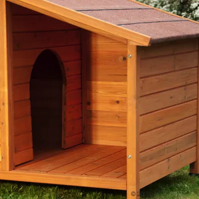 Hundkoja i trä med snedtak och öppen ingångsdörr, lämplig för utomhusbruk.