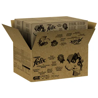 Purina Felix As Good As It Looks Senior, for cats 7+, 120 x 100g pouches. Text includes 'Fantastic Senior', '100% complete', visible cat illustration on brown packaging.