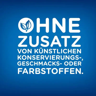 OHNE ZUSATZ VON KÜNSTLICHEN KONSERVIERUNGS-, GESCHMACKS- ODER FARBSTOFFEN. Tekst på tysk om ingen tilsatte kunstige konserverings-, smags- eller farvestoffer.