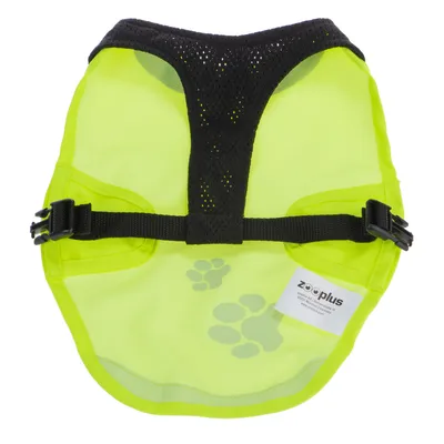 Gul reflekterende hundevest med sort netstof og justerbare stropper. Zooplus-logo synlig på hvidt mærke.
