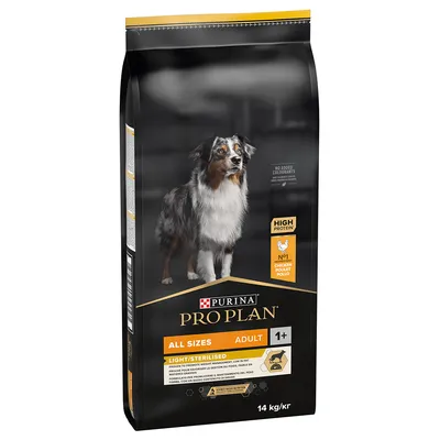 Purina Pro Plan hrană uscată pentru câini, All Sizes Adult 1+, Light/Sterilised, cu pui, High Protein, fără coloranți, 14 kg.