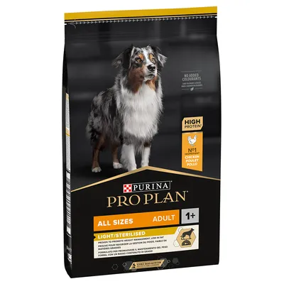 Purina Pro Plan Adult Light/Sterilised kaikille kokoille, alkaen 1 vuodesta. Korkea proteiinipitoisuus, pääainesosa kana, ei lisättyjä väriaineita.