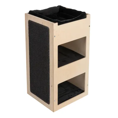 Dřevěný box s dvěma otvory, černým polstrovaným vnitřkem a boční plochou z černého textilu. Horní část tvoří měkký pelíšek.