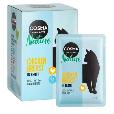 Cosma Nature Chicken Breast in Broth, 100% natürliche Zutaten, Packung mit 6 x 50g. Silhouette einer Katze und Huhn-Symbol sichtbar.