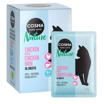 Cosma Pure Love Nature. Chicken with Chicken Ham in Broth, 100% natürliche Zutaten, Packung mit 6 x 50g Beuteln.