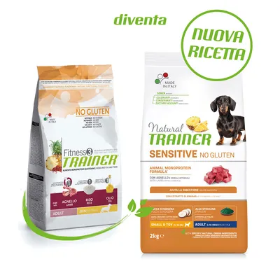 To poser hundefoder: Fitness3 Trainer og Natural Trainer Sensitive, begge med teksten NO GLUTEN. Synlig tekst: agnello, riso, olio, adult mini, small & toy 1–10 kg, adult 6–10 mdr, nuova ricetta.
