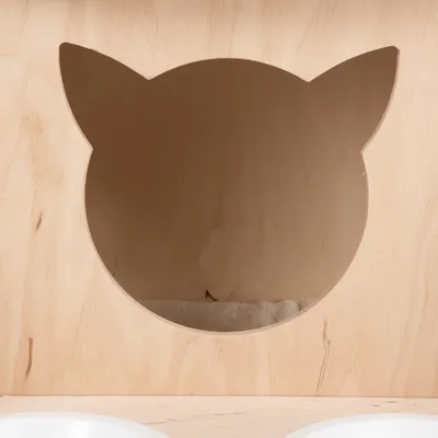 Dřevěný design s výřezem ve tvaru kočičí hlavy, pod ním viditelné dvě bílé misky na krmivo.
