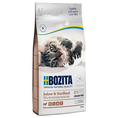 Bozita Indoor & Sterilised корм для кошек с олениной, 87% животного белка, без зерна, 10 кг. Swedish Natural Quality. Сертифицировано Vårgårda. Together with nature since 1903.