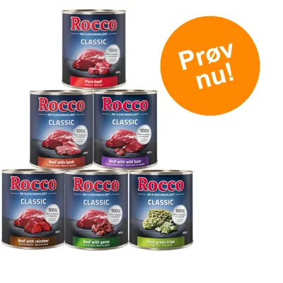 Rocco Classic dåsefoder: Pure beef, Beef with lamb, Beef with wild boar, Beef with reindeer, Beef with game, Pure green tripe. Orange cirkel med teksten 'Prøv nu!'.
