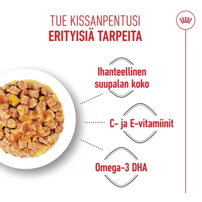 Ruokakuppi, jossa ohjeita: Ihanteellinen palakoko, C- ja E-vitamiinit, omega-3 DHA.