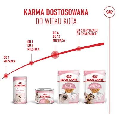 Zalecenia żywieniowe dla kotów: do 1 miesiąca, 1-4 miesiące, 4-12 miesięcy, po sterylizacji do 12 miesięcy. Przedstawione produkty: Royal Canin Babycat Milk, Kitten oraz Kitten Sterilised. Zalecenia żywieniowe dla kotów: do 1 miesiąca, 1-4 miesiące, 4-12 miesięcy, po sterylizacji do 12 miesięcy. Przedstawione produkty: Royal Canin Babycat Milk, Kitten oraz Kitten Sterilised.