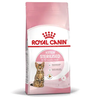 Royal Canin Kitten Sterilised 6–12 miesięcy. Silny układ odpornościowy, Wzrost i kontrola wagi, z antyoksydantami. Na opakowaniu znajduje się ilustracja młodego kota. Royal Canin Kitten Sterilised 6–12 miesięcy. Silny układ odpornościowy, Wzrost i kontrola wagi, z antyoksydantami. Na opakowaniu znajduje się ilustracja młodego kota.