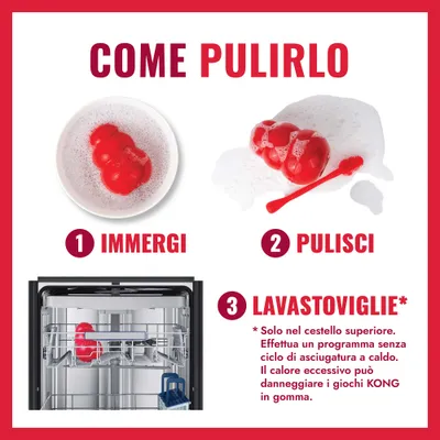 Istruzioni per la pulizia di un giocattolo in gomma rossa: 1. Immergere, 2. Pulire con una spazzola, 3. Sciacquare nel cestello superiore della lavastoviglie, non asciugare ad alta temperatura per evitare possibili danni. Istruzioni per la pulizia di un giocattolo in gomma rossa: 1. Immergere, 2. Pulire con una spazzola, 3. Sciacquare nel cestello superiore della lavastoviglie, non asciugare ad alta temperatura per evitare possibili danni.