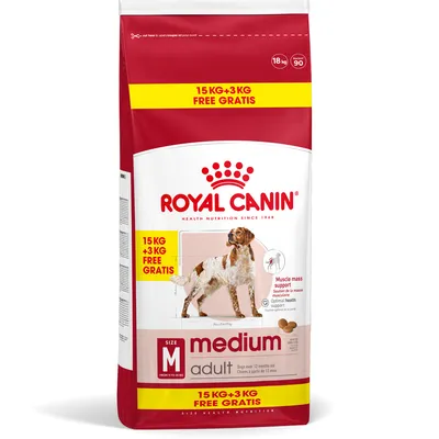 ROYAL CANIN medium adult, 18 кг (15 кг + 3 кг безплатно), суха храна за кучета. Видимо изображение на куче и текст: Muscle mass support, optimal health. Размер M.