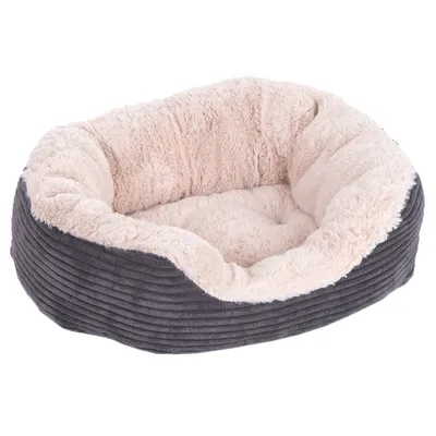 Panier pour animal en tissu côtelé gris à extérieur et intérieur beige doux, forme ovale avec rebords rembourrés. Aucun logo ou texte visible.