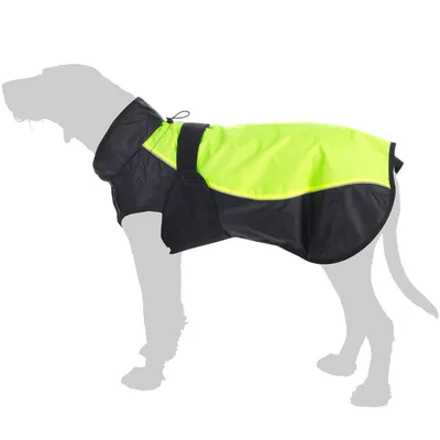 Manteau pour chien bicolore noir et jaune fluo, fermeture par sangle ventrale, cordon de serrage au cou, tissu synthétique visible.