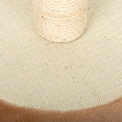 Cat tree base made of beige fabric with brown edge and scratching post wrapped in sisal.