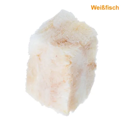 Kos bele ribe, tekstura vlaknasta. Vidno besedilo zgoraj desno: Weißfisch (v nemščini).