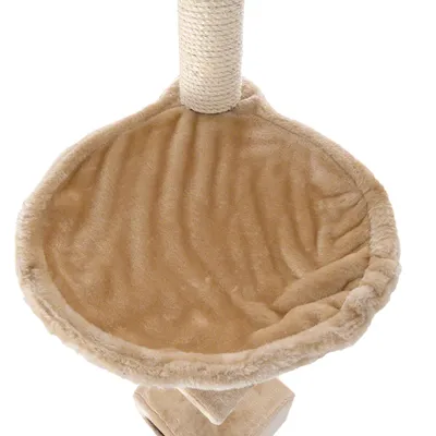 Cesta redonda de tela beige unida a poste vertical cubierto de cuerda, parte de un árbol rascador para gatos. Material visible: felpa y cuerda.