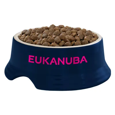 Bowl filled with dry kibble, showing the brand name EUKANUBA on the front.