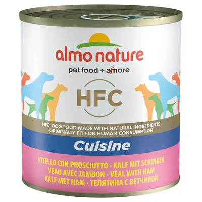 Консерва Almo Nature HFC Cuisine, телешко с шунка. Видими надписи: pet food + amore, HFC, VITELLO CON PROSCIUTTO, KALF MIT SCHINKEN, VEAU AVEC JAMBON, VEAL WITH HAM, КАЛФ МЕТ ХАМ, ТЕЛЯТИНА С ВЕТЧИНОЙ.