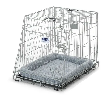 Savic metallinen lemmikkihäkki, harmaa pehmustettu alusta sisällä. Häkissä näkyy Savic Pets' Favourite -merkki etuosassa.