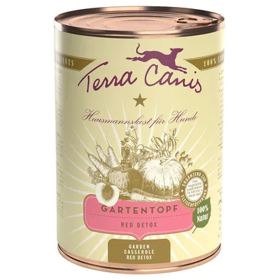 Blik Terra Canis Hausmannskost für Hunde, Gartentopf Red Detox, 100% Natur, Garden Casserole Red Detox. Illustratie van groenten zichtbaar op het etiket.