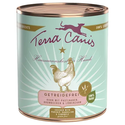 Terra Canis Hausmannskost für Hunde, getreidefri, kyckling med palsternacka, björnbär och maskros. 100 % natur. Text på engelska: chicken with parsnip, dandelion & camomile, grain-free.