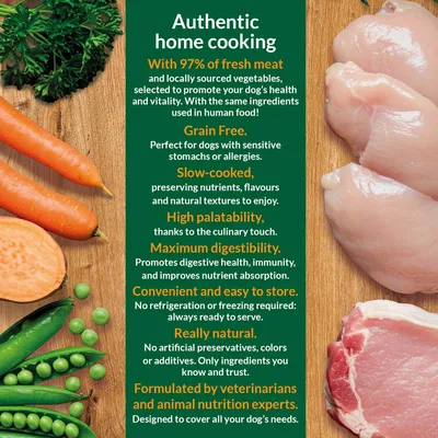Autentisk hjemmelavet mad: 97% frisk kød, kornfri, langsomt tilberedt, høj smagelighed, maksimal fordøjelighed, naturlige ingredienser, udviklet af dyrlæger og ernæringseksperter. Autentisk hjemmelavet mad: 97% frisk kød, kornfri, langsomt tilberedt, høj smagelighed, maksimal fordøjelighed, naturlige ingredienser, udviklet af dyrlæger og ernæringseksperter.