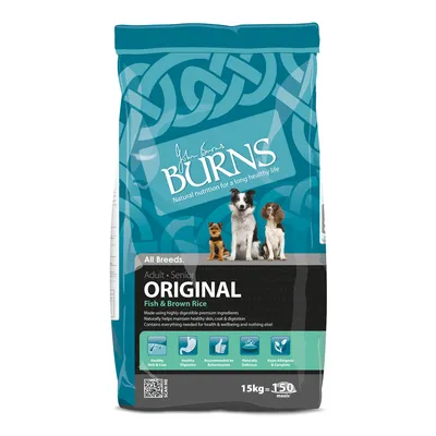 Burns Original Adult Senior Hundefutter mit Fisch und braunem Reis, geeignet für alle Rassen. Verpackung zeigt 15kg Inhalt, hypoallergen, gesunde Haut und Fell, empfohlen von Verhaltensexperten.