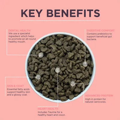 Key benefits: supports dental health, digestive comfort with prebiotics, healthy skin and coat, heart health with taurine, and high protein for natural carnivores.
