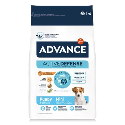 Affinity Advance Active Defense Puppy Mini 3 kg, con pollo, prebiotici, probiotici, fibre. Per cuccioli 2–10 mesi, peso adulto 1–10 kg. Testo in inglese sulla confezione.