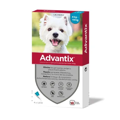 Advantix solución spot-on para perros de 4–10 kg. Elimina garrapatas, pulgas y piojos; repele flebotomos, mosquitos y mosca de los establos. 4 pipetas de 1,0 ml.