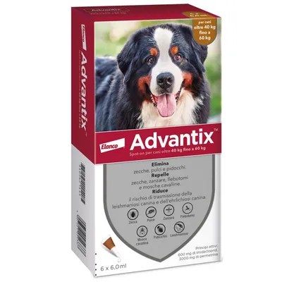 Confezione Advantix Elanco per cani oltre 40 kg fino a 60 kg. Elimina zecche, pulci, pidocchi. Repelle zecche, zanzare, flebotomi, mosche cavalline. Riduce rischio leishmaniosi ed ehrlichiosi.