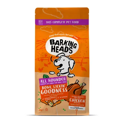 Barking Heads All Hounder medium size kibble, bowl lickin' goodness, supports immunity and vitality, vet approved, contains 50% chicken with rice, made with natural ingredients.
