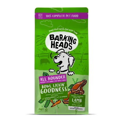 Barking Heads All Hounder medium size kibble for adult dogs, bowl lickin' goodness, supports immunity and vitality, vet approved, grass-fed lamb with rice, 50% lamb, made with natural ingredients.