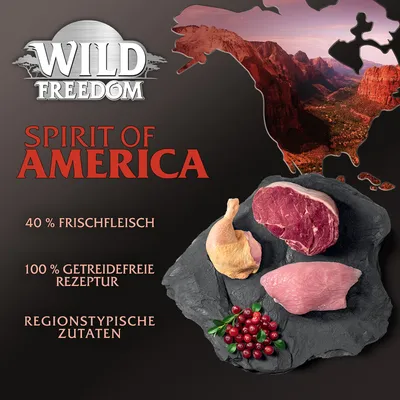 Wild Freedom Spirit of America. 40 % svežega mesa, 100 % brez žit, regionalne sestavine.