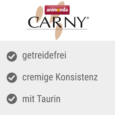 Animonda Carny. Viljaton, kermainen koostumus, sisältää tauriinia.