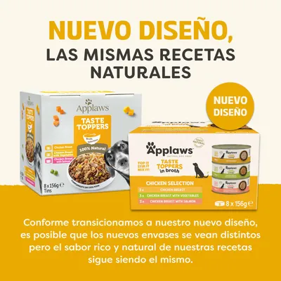 Applaws Taste Toppers con nuevo diseño, mismas recetas naturales. Aviso: Nuevo envase, pero el sabor y la receta permanecen sin cambios.