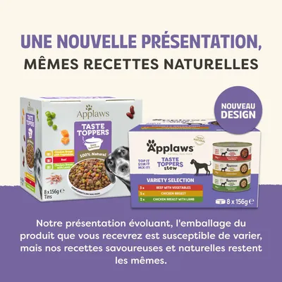 Applaws Taste Toppers Stew Selection, nouveau design d'emballage. Remarque : le produit reçu peut présenter un design différent, mais les recettes naturelles restent inchangées.