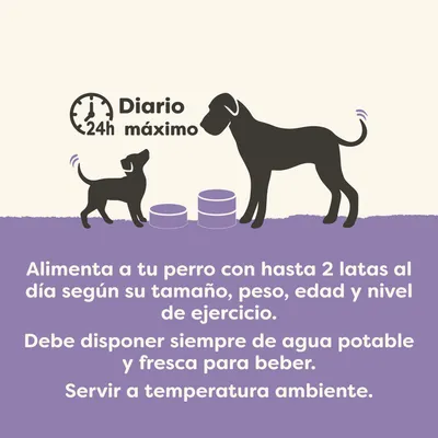 Recomendación de alimentación: Hasta 2 latas por día, según el tamaño, peso, edad y nivel de actividad. Proporcione siempre agua fresca para beber. Servir a temperatura ambiente.