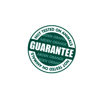 Guarantee badge stating not tested on animals. Arden Grange mentioned repeatedly in background.