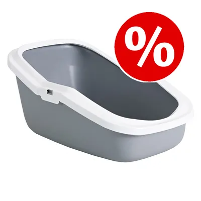 Bandeja higiénica gris de plástico con borde blanco y símbolo de porcentaje en círculo rojo, indicando oferta o descuento visible.