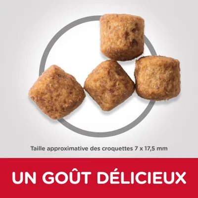 Taille approximative des croquettes 7 × 17,5 mm. Texte : UN GOÛT DÉLICIEUX.