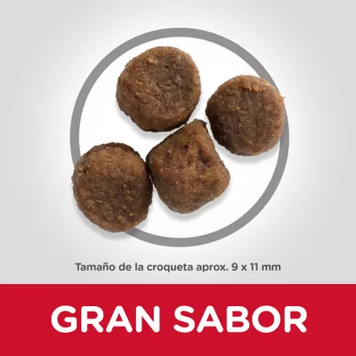 Cuatro croquetas marrones. Texto: Tamaño de la croqueta aprox. 9 x 11 mm. Gran sabor.