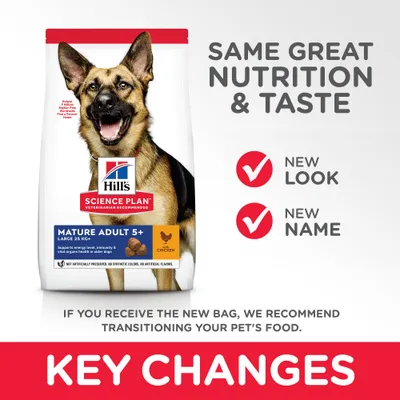 Hill's Science Plan Mature Adult 5+ Large 25 kg+ Chicken -koiranruokapakkaus. Tekstit: SAME GREAT NUTRITION & TASTE, NEW LOOK, NEW NAME, KEY CHANGES.