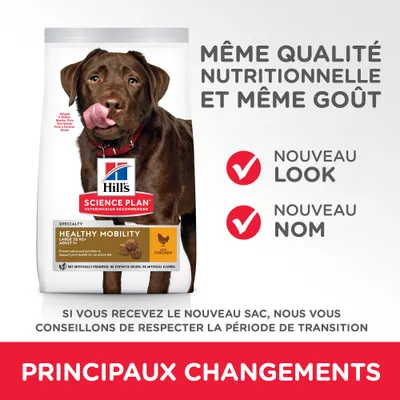 Hill's Science Plan Healthy Mobility Large 25 kg+ Adult poulet, même qualité nutritionnelle et goût, nouveau look, nouveau nom. Principaux changements, respectez la période de transition.