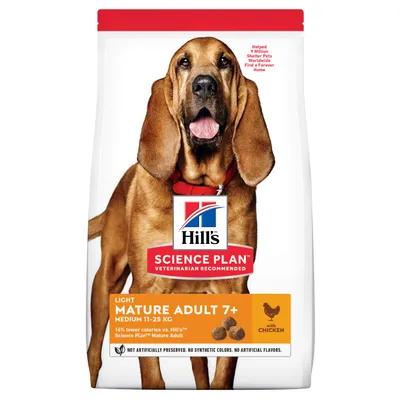 Hill's Science Plan Light Mature Adult 7+ Medium 11–25 kg con pollo, crocchette per cani adulti maturi. Testo visibile: 16% lower calories vs. Hill’s Science Plan Mature Adult.