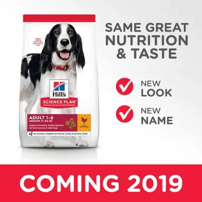 Hill's Science Plan Adult 1-6 Medium 11–25 kg Chicken -koiranruokapakkaus. Tekstit: SAME GREAT NUTRITION & TASTE, NEW LOOK, NEW NAME, COMING 2019.